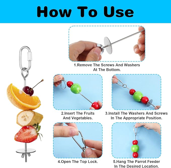 3 Pack Bird Cage Food Holder, Rat Foraging Toys, Stainless Steel Parrot Fruit & Vegetable Skewer Hanging Foraging Toy for Parakeets, Budgies, Macaws