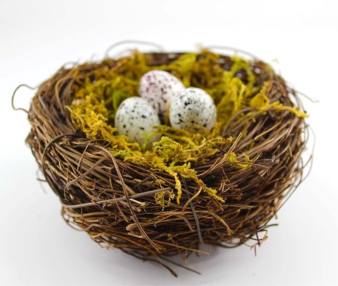 Artificial Birds Nest, 4PCS Crafts Handmade Natural Easter Birds Nest Rattan Birds Nest for Garden Yard Home Party Easter Decor Contains 12 Artificial Bird Eggs&4 Packs of Moss