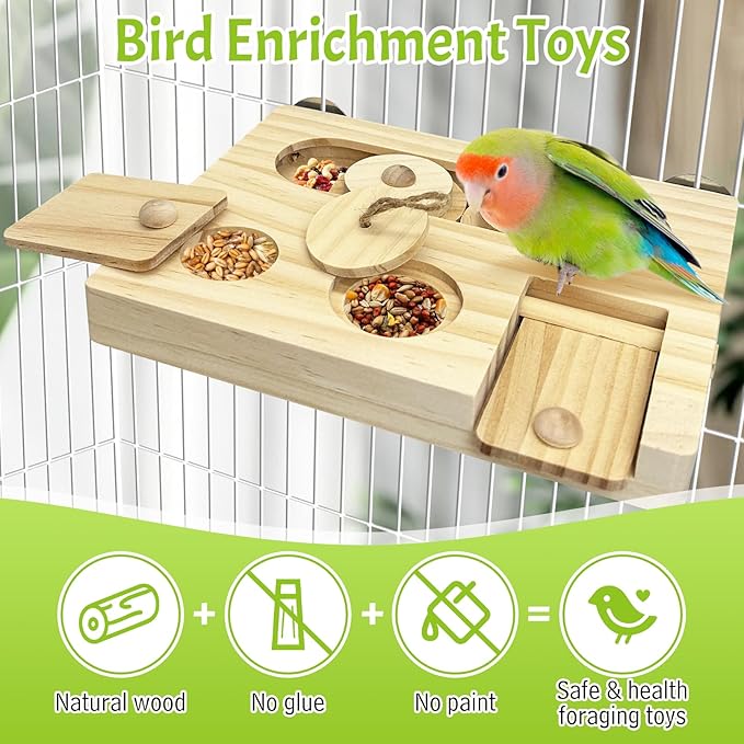 Hamiledyi Bird Foraging Toys Interactive Wooden Parrot Puzzle Toys Hanging Enrichment Toys Bird Slow Feeder Cage Accessories for Parakeet Cockatiel Lovebird Conure Finche