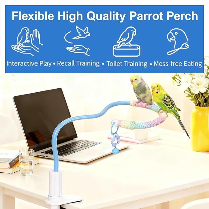 Flexible Bird Perch Stand with Bell - Parrot Toy & Desktop Training Playstand for Budgies, Cockatiels, Lovebirds, Conures, Parakeets - Colorful Playground Accessories (Blue, Medium)