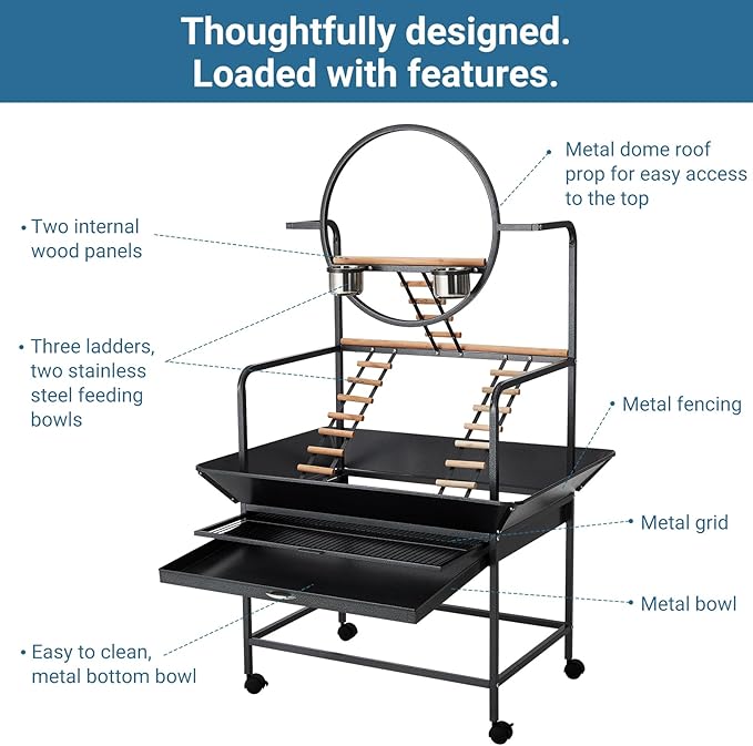 Bird Playstand, 66 in H Inch Birdcage Stand Activity Play Center with Perches and Ladders, Removable Tray, Indoor Outdoor Playground for Parakeet, Cockatiels Conures Parrots, Lockable Caster, Black