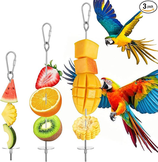 3Pcs Bird Cage Food Holder, 3 Sizes Stainless Steel Parrot Fruit Stick Feeder Fruit Vegetable Treats Skewer Bird Cage Feeder Foraging Toy for Parakeet Budgie Macaw