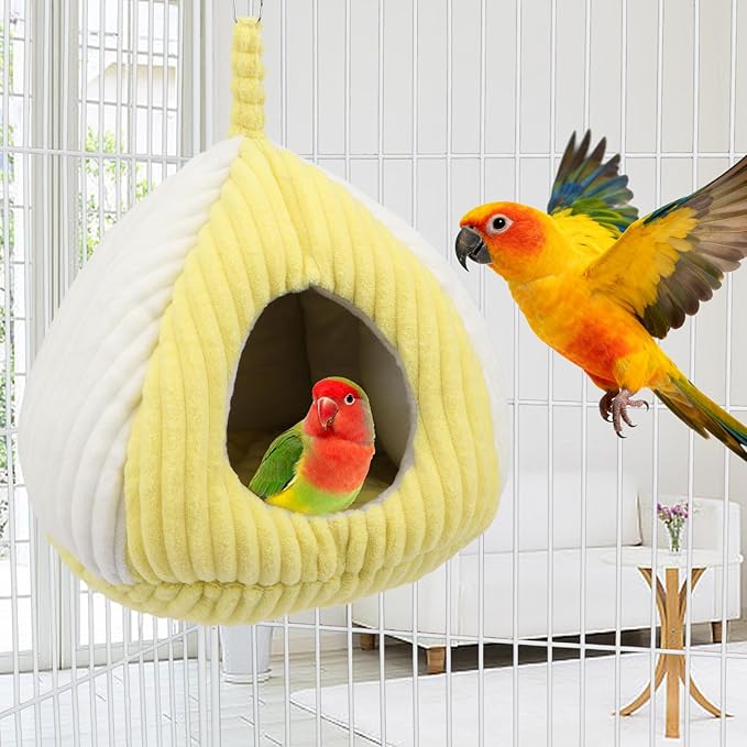 Hypeety Bird Nest Winter Warm Hammock Bed for Cage Bird Shed Hut Tent Cozy Hanging Nest House for Small Pet Parakeet Conure Cockatiel Budgies Lovebird Bird Cage Accessories (Yellow, M)