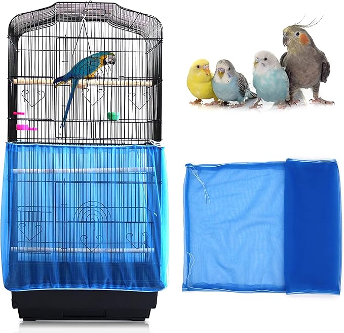 Daoeny Universal Bird Cage Cover, Adjustable Seed Feather Catcher, Soft Airy Nylon Mesh Parrot Net, Birdcage Cover Skirt Sheer Guard for Round Square Cages (Blue)