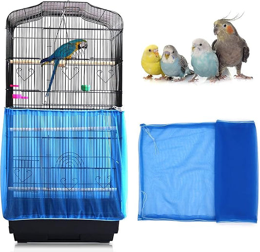 Daoeny Universal Bird Cage Cover, Adjustable Seed Feather Catcher, Soft Airy Nylon Mesh Parrot Net, Birdcage Cover Skirt Sheer Guard for Round Square Cages (Blue)