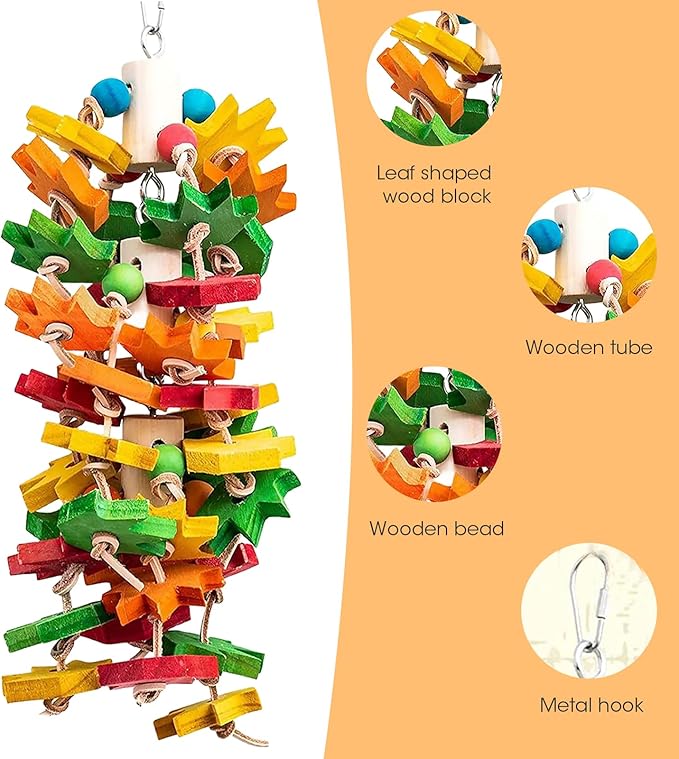 MQ Parrot Chewing Toy for Large and Small Parrots and Birds, Natural Wood Block Tearing Toy with Multicolored Maple Leaf Design, Beak Trimming Toy for African Grey Cockatoos and Amazon Parrots.
