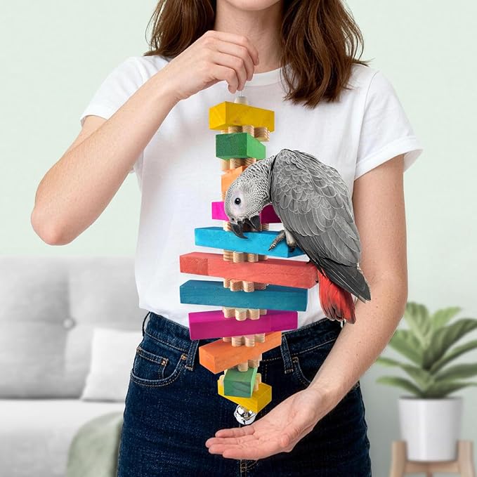 DBNESS 16.54in Extra Large Bird Toys for Parrot, 2 Pcs Colorful Natural Wood Block Chew Tearing Toy with Bell for Macaws, African Greys, Amazon Parrots, Eclectus, Cockatoo