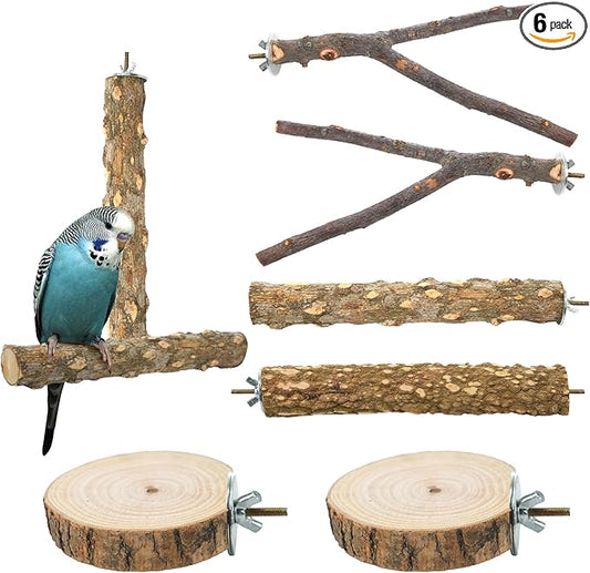 Bird Perch Stand, Pole Standing Natural Wood Bird Perch Set 7PCS Paw Grinding Fork Parrot Cage Branch with Rope Cage Accessories Toys for Parakeets, Cockatiels, Conure, Budgies (Brown 1)