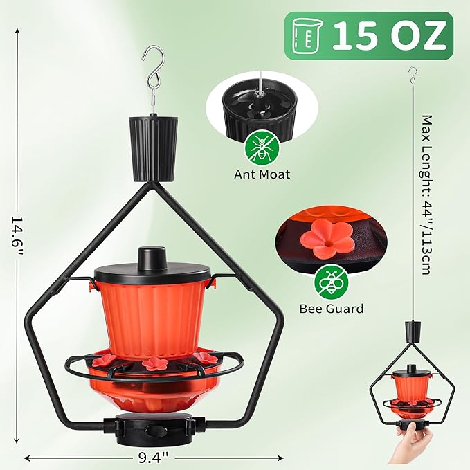 WROSWT Retractable Hummingbird Feeder, 19oz Top-Fill Wide Mouth with Height Adjustment, UV-Resistant ASA Plastic, 100% Leak-Proof Base& Dishwasher Safe Feeders for Outdoor Hanging, Black
