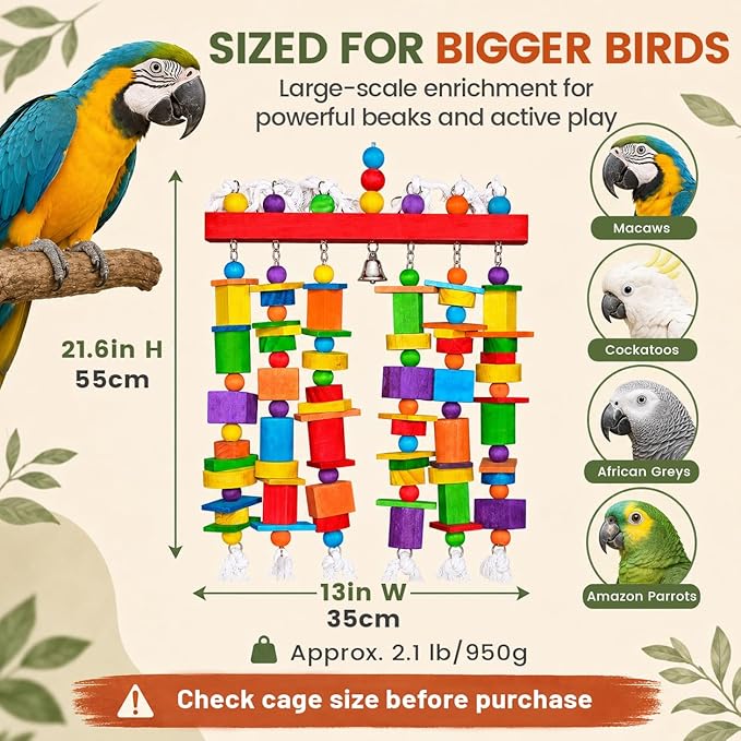 Extra Large Bird Toys for Macaws African Greys Cockatoos, 21.6" x 13" Heavy Duty Parrot Chewing Toy with Durable Stainless Steel Chain & Natural Wood Blocks, Large Bird Cage Accessories with Bell