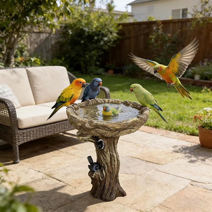 SKYFIRE Bird Baths for Outdoor - 23" Tall Pedestal Birdbath with Bird, Fibre Reinforced Concrete with Woodland Tree Trunk Décor, Modern and Durable,Bird Bath for Outside, Garden, Patio, Lawn, Backyard