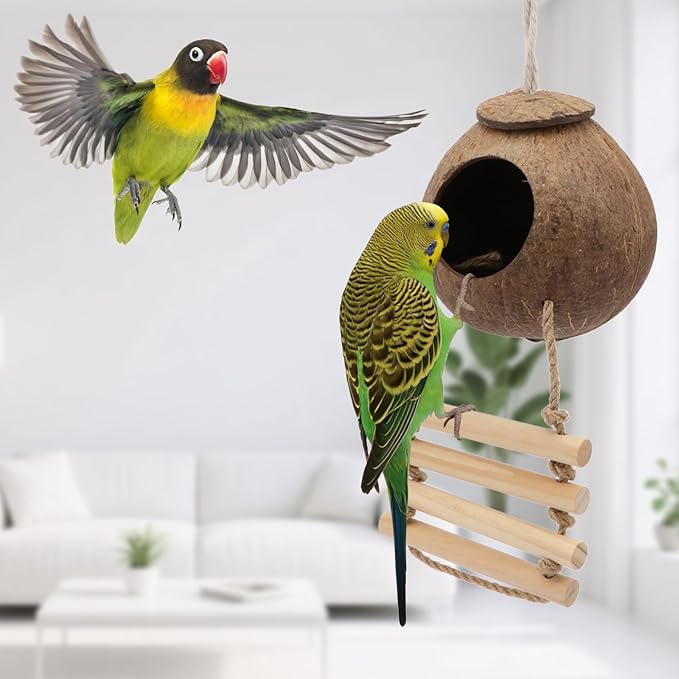 Hypeety Natural Coconut Hideaway Birds Toys Decorative Bird Nest Cage House with Bird Ladder Parakeet Budgie Cage Bird Nest