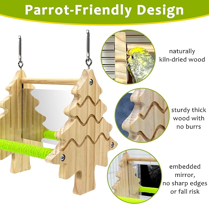 Bird Mirror Toy Perch, 2-Sided Hd Parakeet Mirrors & 2 Cotton-Wrapped Perches for Multiple Birds, Wooden Frame Hanging Parrot Swing for Cage, Safe No Sharp Edges Bird Toy for Budgie Lovebird Cockatiel