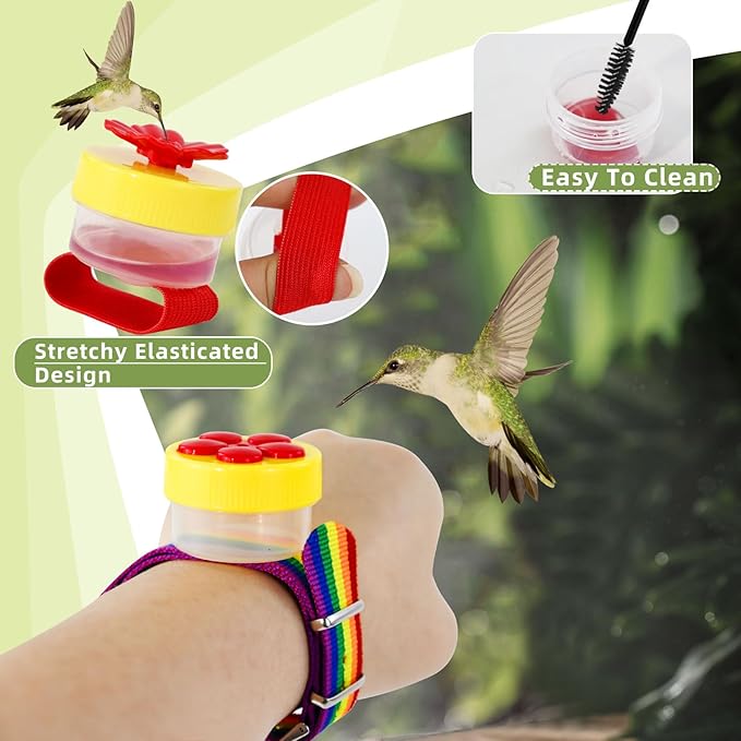 4 PCS Hummingbird Ring Feeder, Hand Held Hummingbird Feeders Hummingbirds Wrist Feeder with Adjustable Strap and 2 Cleaning Brush Mini Hand Feeding Tools for Outdoors Window (Colorful)