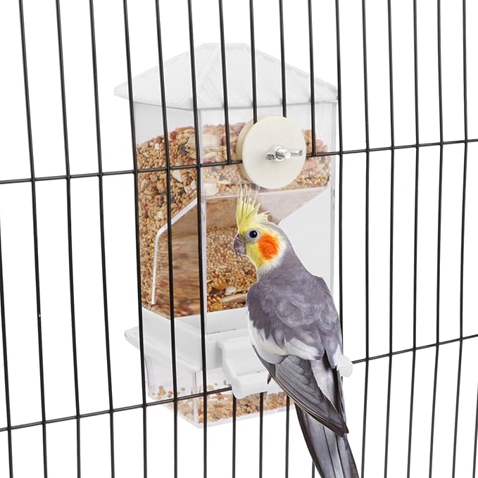 No Mess Automatic Bird Feeder for Cage, with Perch Acrylic Transparent No Spill Birds Feeder Bird Cage Accessories for Parakeets Lovebirds Canary Cockatiel Finch（White）
