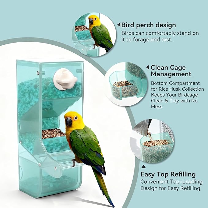 AOTU Automatic Bird Feeder for Cage Crack-Resistant Plastic Parakeet Cage Accessories No Mess Bird Cage Seed Catcher for Small Medium Birds Parrots Cockatiels Parakeets Conures Canaries (Light Green)
