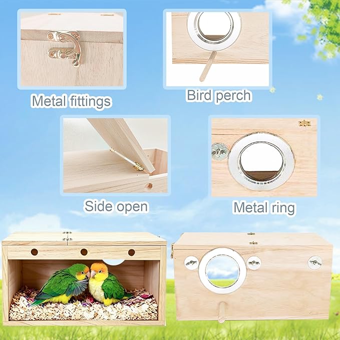Tfwadmx Parakeet Nesting Box, Transparent Bird Nest Breeding Box, Wood Parrot Nest Box with Perch Bird Cage House for Cockatiel Lovebirds Budgie Canary Finch(S)