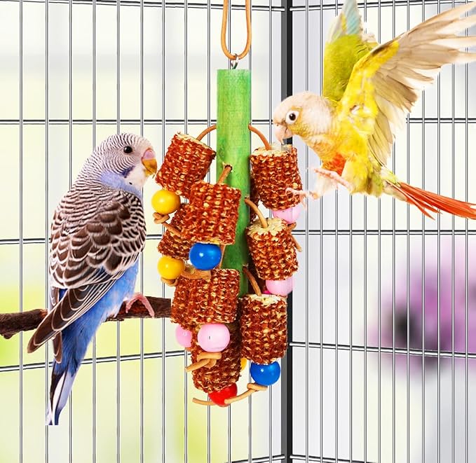 Bird Chew Toys for Parrots - Safe Durable Natural Corn Cob Chewing Toy for Cockatiels, Conures, Lovebirds, Macaws, African Grey & Cockatoos | Hanging Aviary Enrichment for Small/Medium Birds