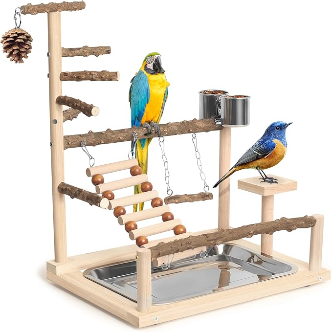 Wood Pet Parrot Playground Bird Play Stand Toys Perch with Feeder Cups for Cockatiel Parakeet Lovebirds Conure (Natural)