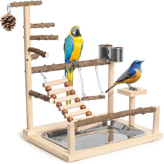 Wood Pet Parrot Playground Bird Play Stand Toys Perch with Feeder Cups for Cockatiel Parakeet Lovebirds Conure (Natural)