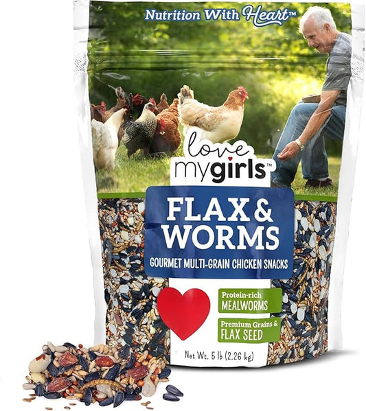 Love My Girls: Chicken Snacks - Flax & Worms - 5lb Bag - Global Harvest, Gourmet Multi-Grain Treats, Corn-Free, Nutritious & Protein Rich Mealworms