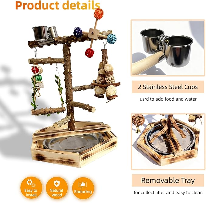 Natural Pepper Wood Bird Play Stand with Stainless Steel Bowls, Handmade Parrot Perch Gym with Chewing Toys & Bell, Tabletop Training Stand for Small to Medium Birds