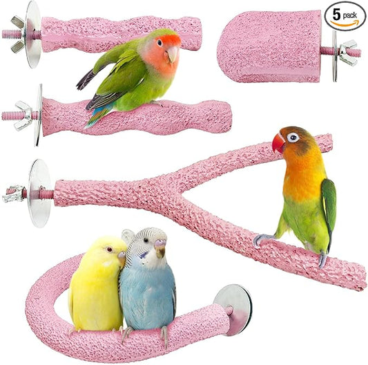 PINVNBY 5 Pack Bird Perch Resin Bird Beak Grinding Stone Parrot Cage Stand Platform Foot Claws Trimmer Chew Toy Cage Accessories for Budgie Cockatiel Conure Lovebird Finch (Pink)
