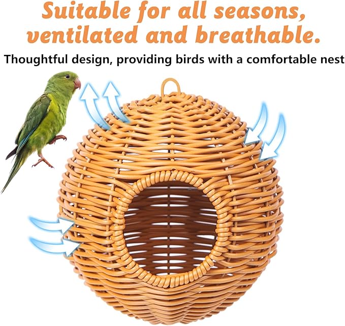 BNOSDM Rattan Bird Nest Parrot Nesting House Parakeet Hanging Swing Soft Lovebird Warm Bed Sleeping for Parrots Bird Cage Accessories for Cockatiels Budgerigars Finches Canaries (Single-Hole Style)