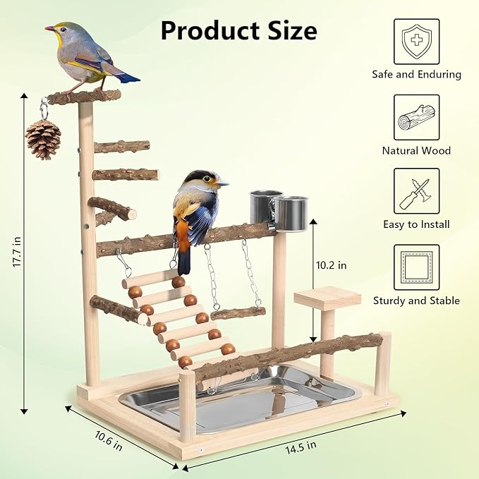 Wood Pet Parrot Playground Bird Play Stand Toys Perch with Feeder Cups for Cockatiel Parakeet Lovebirds Conure (Natural)