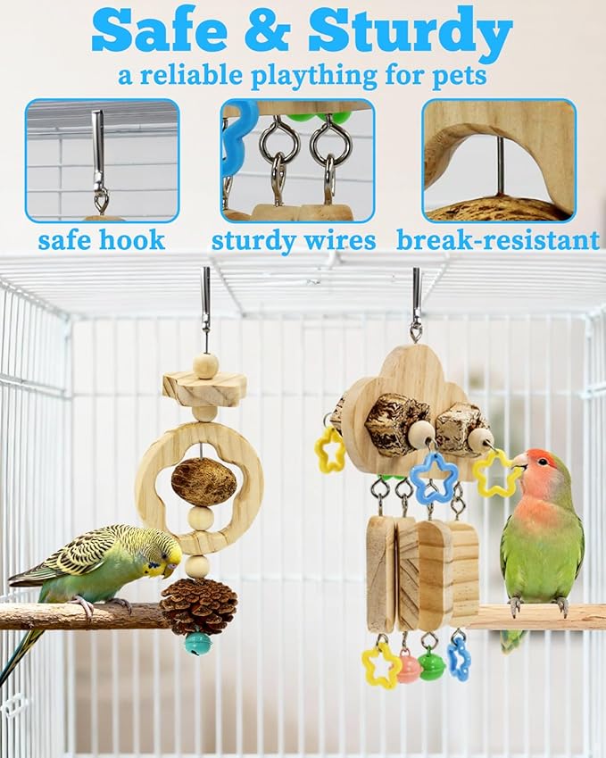 2 Pack All Natural Bird Chew Toys, Sun Conure Beak Grinding Toys, Parakeet Toys with Bells for Cage Small Medium Bird, Chewing Parrot Toys for Quaker, Budige and Cockatiel