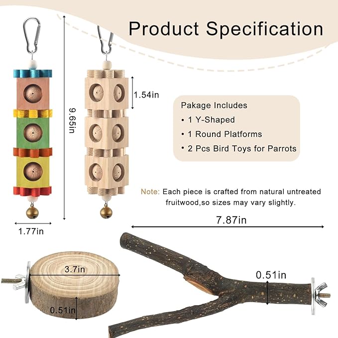 4PCS Parakeet Toys Bird Perch Set with Forked Perches & Round Log Platform, Bird Toys for Parakeets Hanging Rotating Wood Block with Bell Parrot Perch for Cockatiel, Conure, Caique