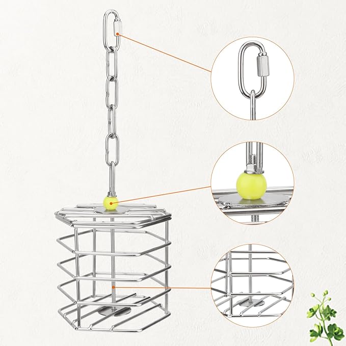 Hypeety Parrot Foraging Feeder, Stainless Steel, 4.09 x 4.09 x 3.85 in, Bird-safe, Dishwasher Safe, Filled with Nuts, Fruit or Veggies