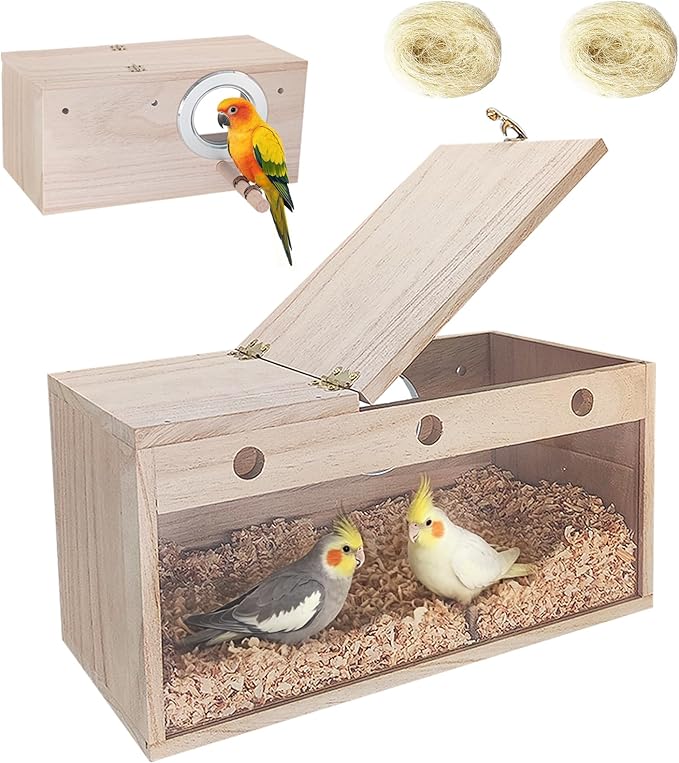 Tfwadmx Parakeet Nesting Box, Transparent Bird Nest Breeding Box, Wood Parrot Nest Box with Perch Bird Cage House for Cockatiel Lovebirds Budagie Canary Finch(L)