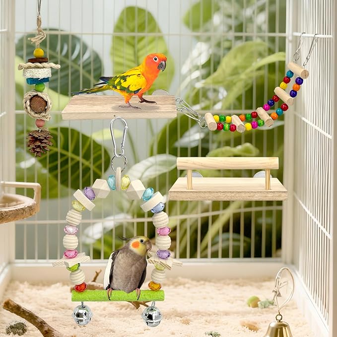 5-in-1 Parakeet Toys Set: Detachable Bird Playground with Wooden Perch, Swing, Ladder, & Platform Cage Accessories for Cockatiel, Conure, Lovebird, Budgie, Finch