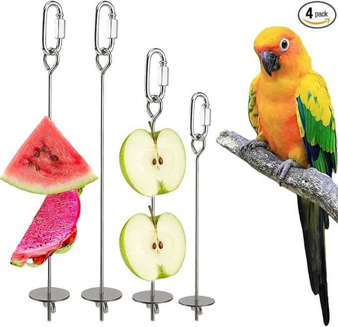 4 PCS Bird Cage Food Holders Stainless Steel Stick Feeder Parrot Fruit Vegetable Skewer Hanging Small Animal Hanging Foraging Accessories for Bird Parakeet Cockatoo Cockatiel