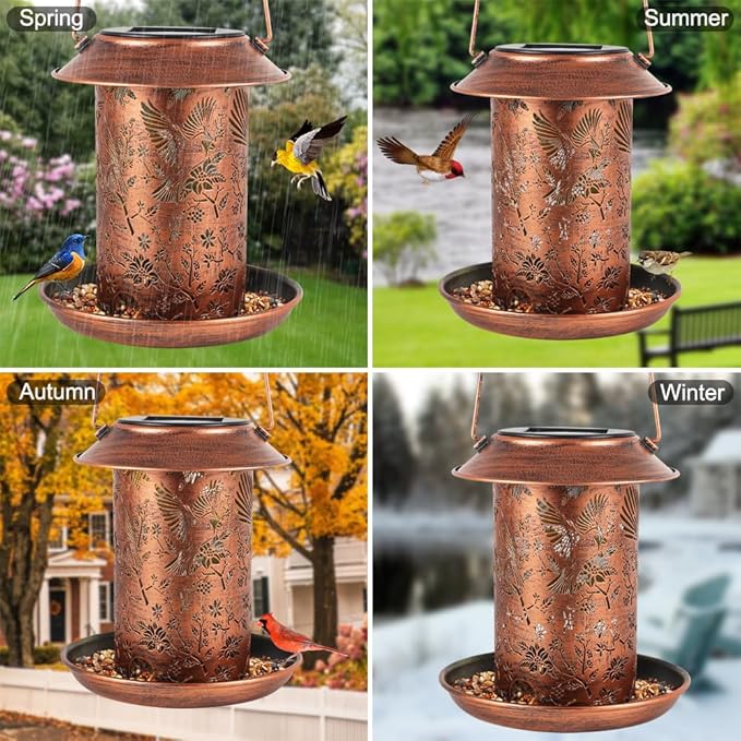 Cardinal Solar Bird Feeder for Outdoors Hanging Solar Lanterns Waterproof Metal Wild Bird Feeders Garden Outside Yard Decor Christmas Birthday Gifts for Women Mom