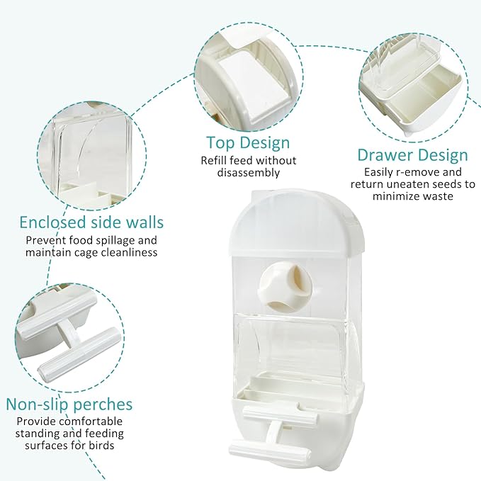 Tfwadmx No Mess Automatic Bird Feeder for Cage Transparent Food Container Parrot Water Dispenser Cage Accessories for Cockatiels, Finches, Budgies Canaries (White)