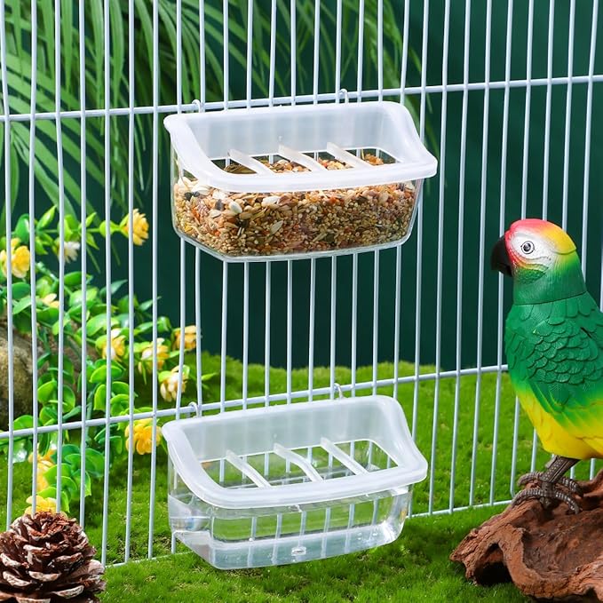 NOLITOY 2pcs Plastic Parrot Feeders, Universal Clear Hanging Bowls for Cockatiel Budgie Conure Macaw Parakeet Small Animal