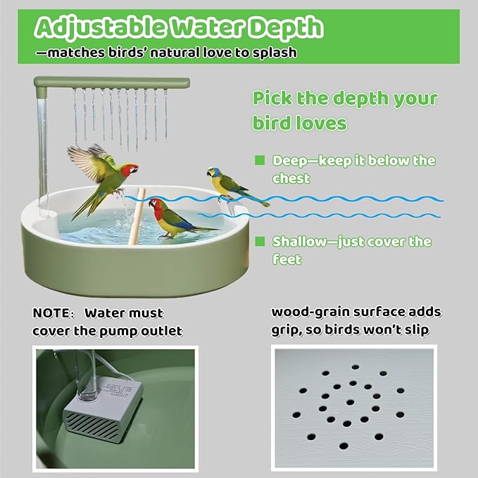 Bird Shower Parakeet Bath for Cage with Adjustable Water Flow Control Valve, Parrot Shower Bath for Budgies with Plug, Automatic Circulating Water Fountain for Pet Bird, Cockatiel, Conure(green pipe)