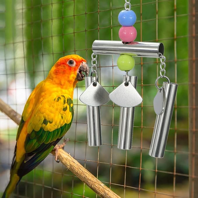 Wontee Bird Stainless Steel Bells String Parrot Hanging Chew Toy for Parakeet Cockatiel Cockatoo Conure (Silver)