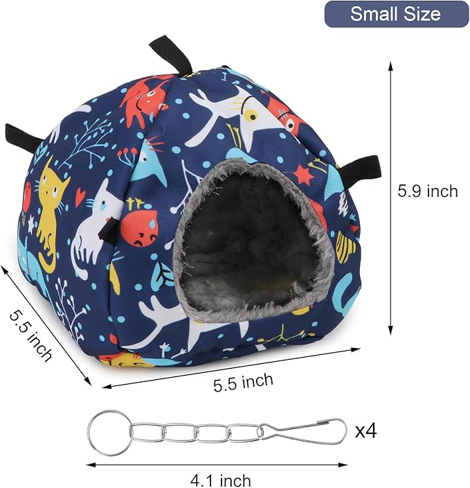 Wontee Bird Plush Hammock Parrot Hanging Snuggle Cave Happy Hut Tent for Parakeet Cockatiel Conure Lovebird Budgie Hamster Gerbil Rat Chinchilla Squirrel Cage (S, Blue Cat)