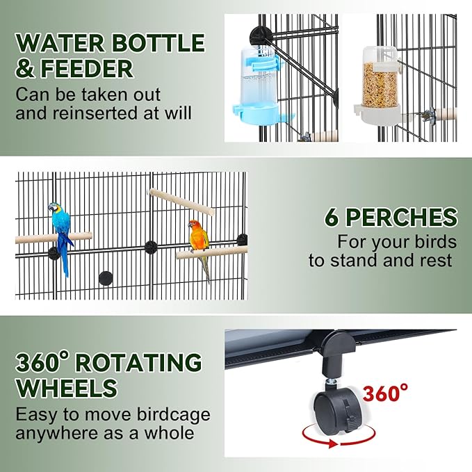 VISCOO Encrypted Bird Cage (46" x 36" x 12"), with Wooden Perches, Metal Parakeet Cage with Slide-Out Tray, Water Bottle&Feeder, Bird Cages for Parrot,Parakeets,Cockatiel,Small Mid-Sized Birds