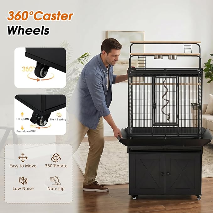 AVAWING 70-Inch Bird Cage with Play Top & Storage Cabinet, Tall Big Bird Flight Cage with Pull-Out Tray, Feeders, Cover, Stand, Rope, Metal Bird Aviary for Macaw Parakeet Cockatiel Budgie, Black