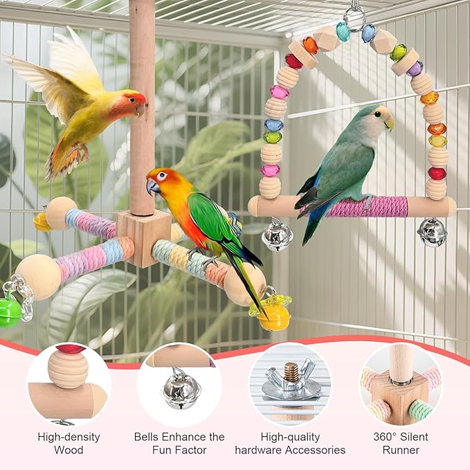 2 Pcs Parakeet Toys with 9 Inch Hanging Perch & 7.8 Inch Wooden Swing,Wooden Bird Cage Accessories to Relieve Boredom and Anxiety,Excellent for Parrots, Budgies, Cockatiels and Other Pet Birds