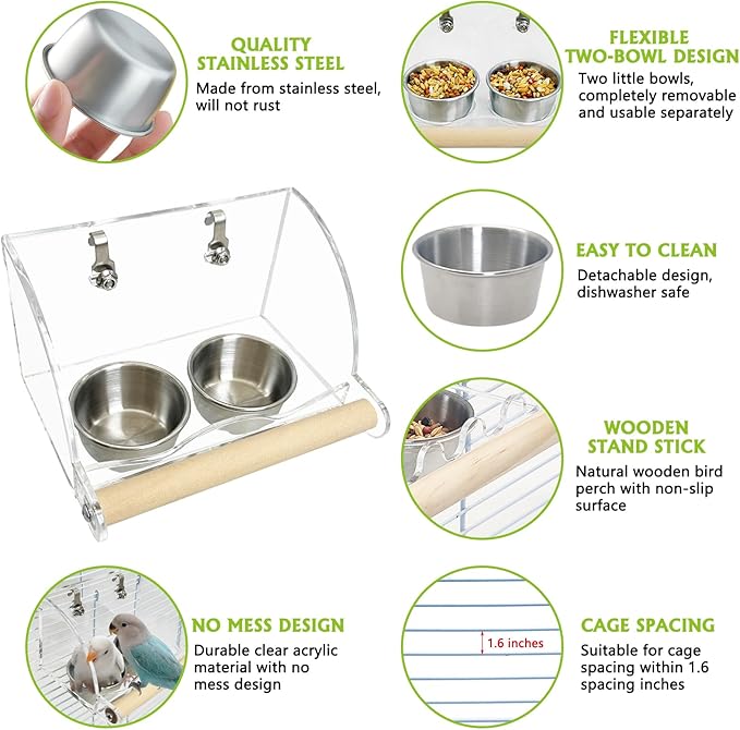 BNOSDM Bird Feeder for Cage with Double Stainless Steel Food & Water Bowls Anti-Slip Wood Perch Stand with No Mess Acrylic Seed Catcher for Parrot, Budgie, Parakeet, Lovebird, Canary, Finch (Hook)