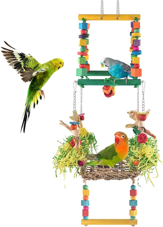 DBNESS Bird Hammock Toys Parakeet Perches Swing, 3in1 Detachable Parrot Cage Accessories, Wooden Hanging Chew Toys for Medium Conure Cockatiel Quaker Lory