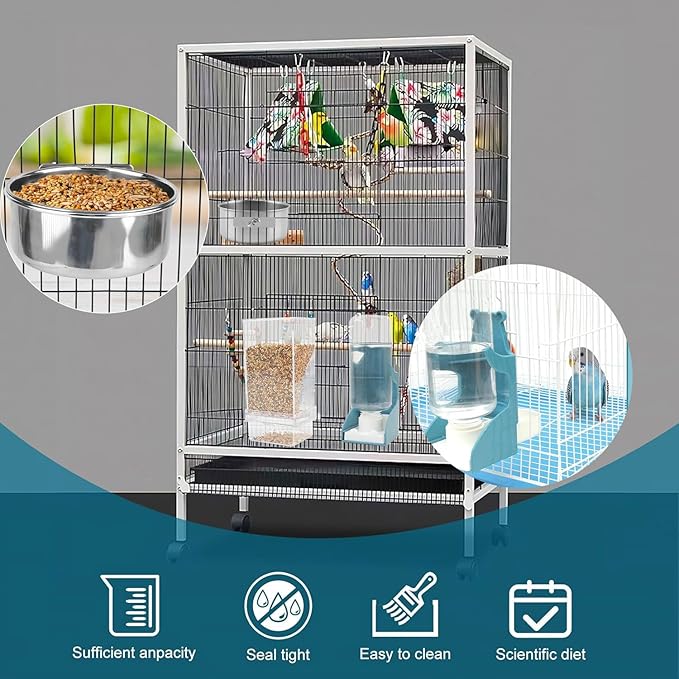 2 Pcs Bird Water Feeder, Automatic Bird Water Dispenser & Stainless Steel Bird Food Bowl, Cage Accessories for Parrot & Hamster Parakeet Cockatiel Budgie Lovebirds (Feeders & Water)