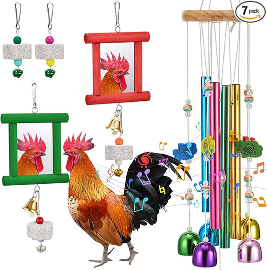 VioraWhite 7 Pcs Chicken Toys, Hanging Chicken Wind Chime, 2 Pcs Coop Mirror Toys with Bells 4 Pack Beak Grinding Stones, Musical Coop Accessories for Hen Rooster Chick Poultry Bird(Rose Red, Green)