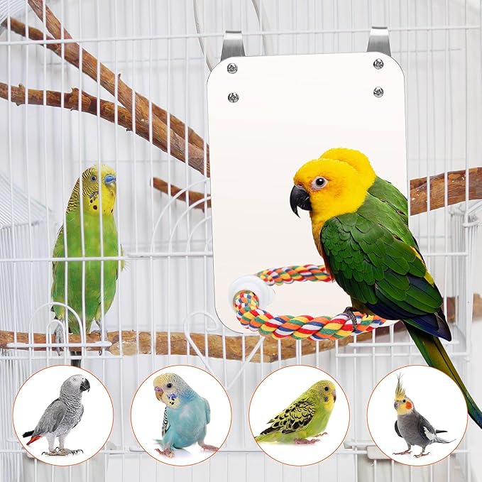 7‘’ Bird Mirror for Cage, Coolrunner Bird Parrot Mirror with Rope for Cockatiel Conures, Lovebirds, Parrot, Canaries, and Budgies