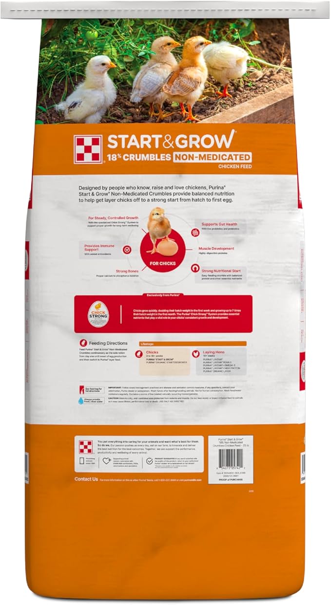 Purina Start and Grow | Non-Medicated Chick Feed Crumbles | Nutritionally Complete - 25 Pound (25 lb.) Bag